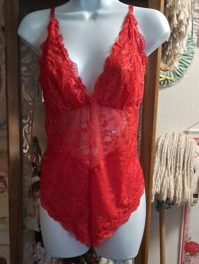 NWT, Sexy, Red, Floral, Lace, Sheer Teddy/Bodysuit  with Snap Crotch ❤️